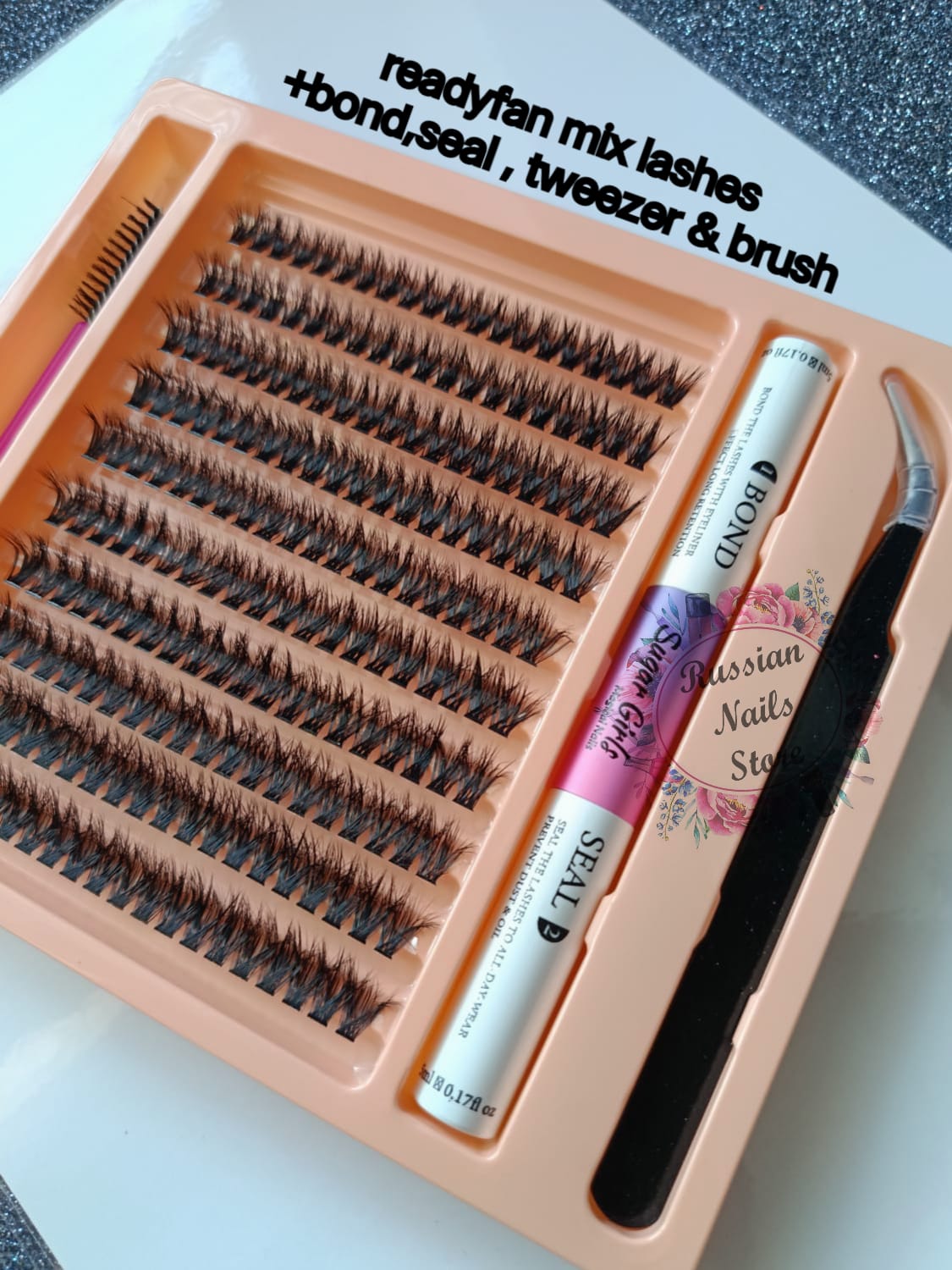 Ready fan Mix Sizes Lashes (9-10-11-12-13) With Bond/Seal + tweezer & brush